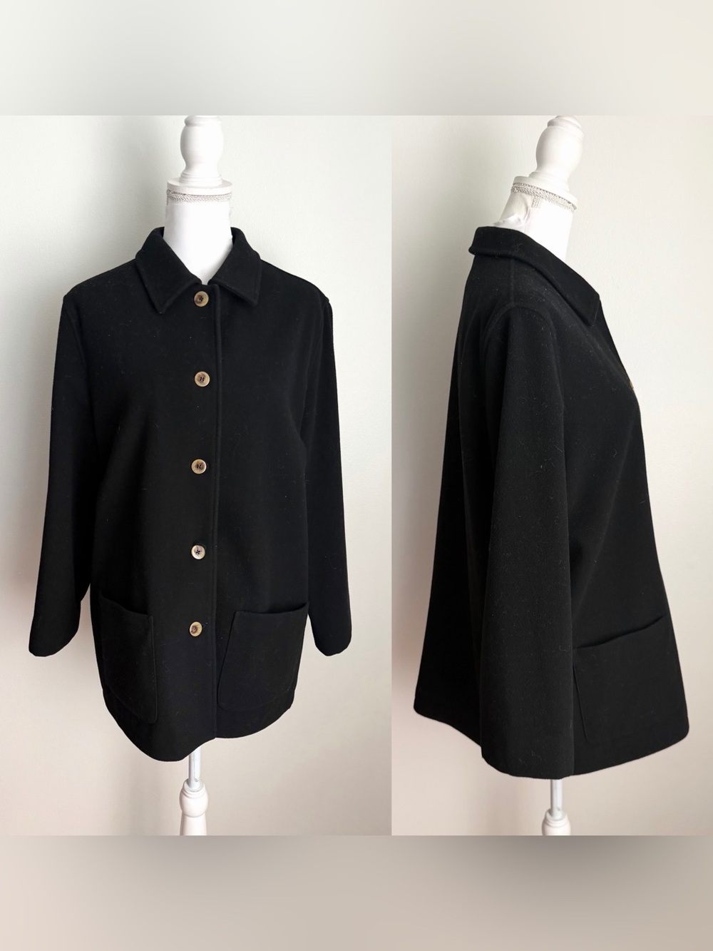 Vintage Black Wool/Cashmere Blend Short Trapeze Coat by Harvé Benard - Up to 1X